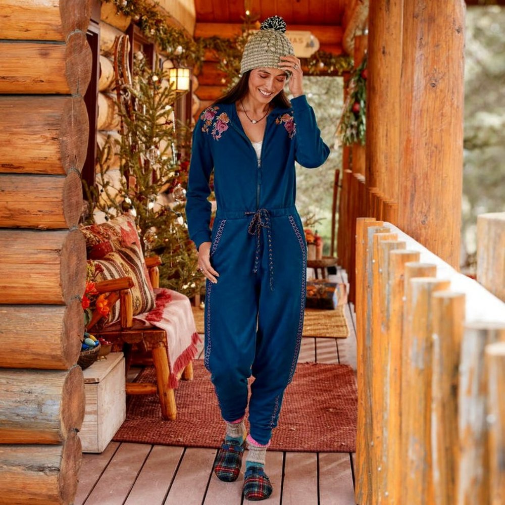 Sundance Hooded Teal Jumpsuit with drawstring and embroidery